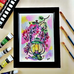 Blooming Glow with Vintage Lantern Vibes Acrylic Painting