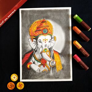 Elegant Shri Ganesh Portrait - Ganpati Bappa Pastels Mixed Media Art (A5 Size)