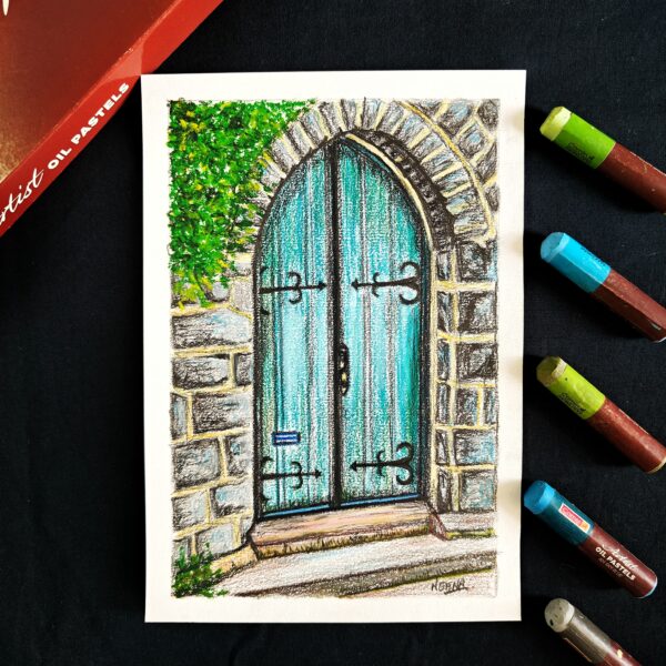 Doorway to Vintage Elegance - Handcrafted Arch Door Scene for Accent Walls (A5 Size)