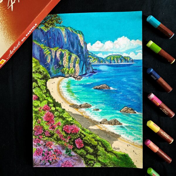 Blossoms to Waves - Dreamy Ocean View with Cliffs and Flowers (A4 Size)