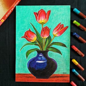 Charm of Tulips - Floral Oil Pastel Art