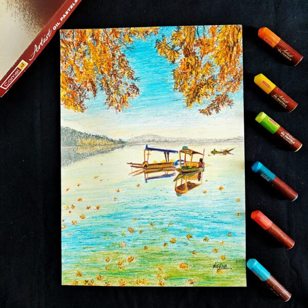Tranquil Shikara Dreams – Kashmir Lake Landscape Art for Elegant Wall Decor (A4 Size)