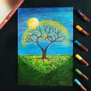 Golden Blossoms Under Blue Skies - Stunning Yellow Blossom Landscape Art (A4 Size)