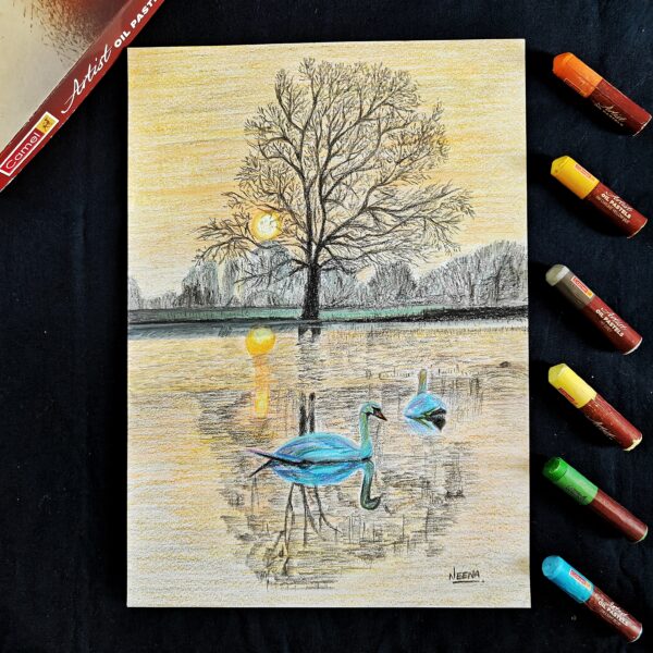 Ducks at Dusk - Soothing Nature Art in Oil Pastel for Bedrooms & Meditation Spaces (A4 Size)