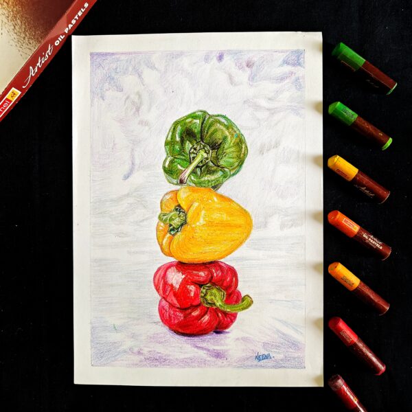 Flavours on Canvas - Trio Bell Pepper Artwork in Vibrant Pastels (A4 Size)