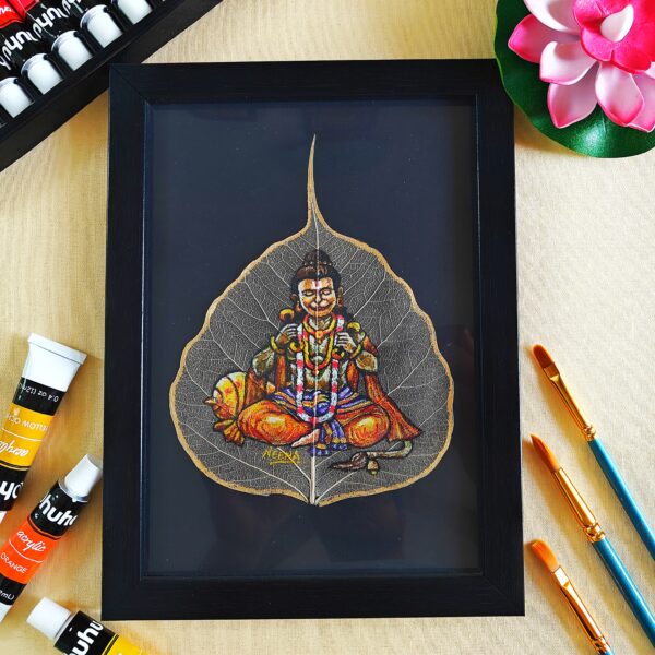 Bhakt Hanuman ji Acrylic Artwork on Peepal Skeleton Leaf (A5, Framed)