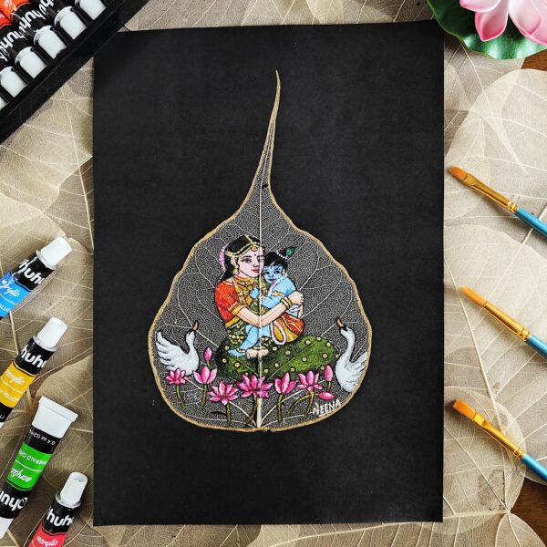 Motherhood - Shri Krishna with Maa Yashoda Art on Peepal Skeleton Leaf (A4 Size)