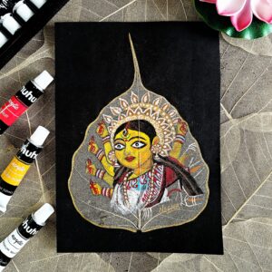 Maa Durga Acrylic Painting - Detailed Goddess Art on Peepal Skeleton leaf (A5 Size)