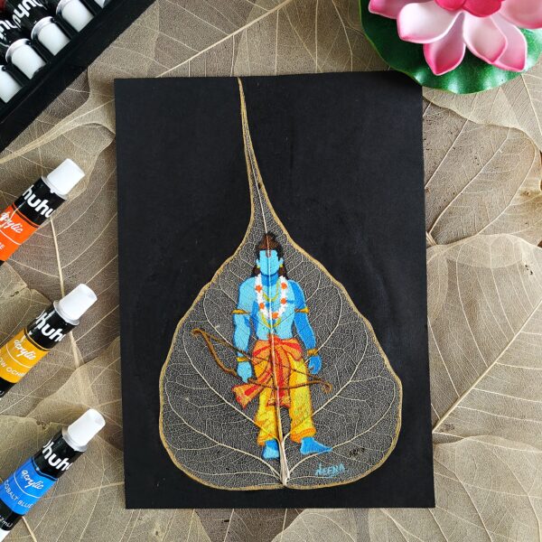 Symbol of Dharma & Divinity - Shri Ram Acrylic Painting on Peepal Skeleton Leaf (A5 Size)