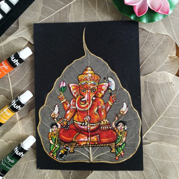 Siddhivinayak Acrylic Painting on Peepal Skeleton Leaf - A Unique Handcrafted Artwork (A5 Size)