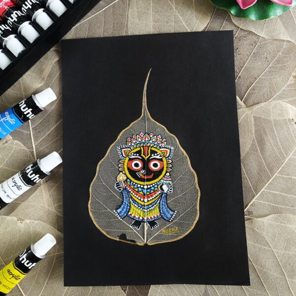 Blessings of Puri: Hand-Painted Jagannath Ji Acrylic Painting on Peepal Skeleton Leaf (A5 Size)