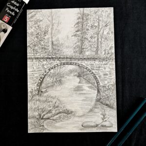 Peaceful Nature Landscape Artwork – Scenic Bridge Graphite Drawing for Serene Home Décor (A4 Size)