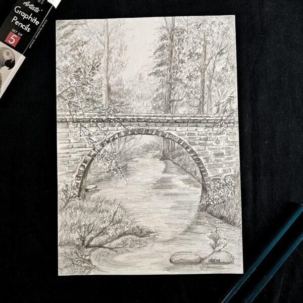 Peaceful Nature Landscape Artwork – Scenic Bridge Graphite Drawing for Serene Home Décor (A4 Size)
