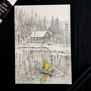 Embracing the Chill - Snow-Loving Wanderer in a Forest Lake Scene (A4 Size)
