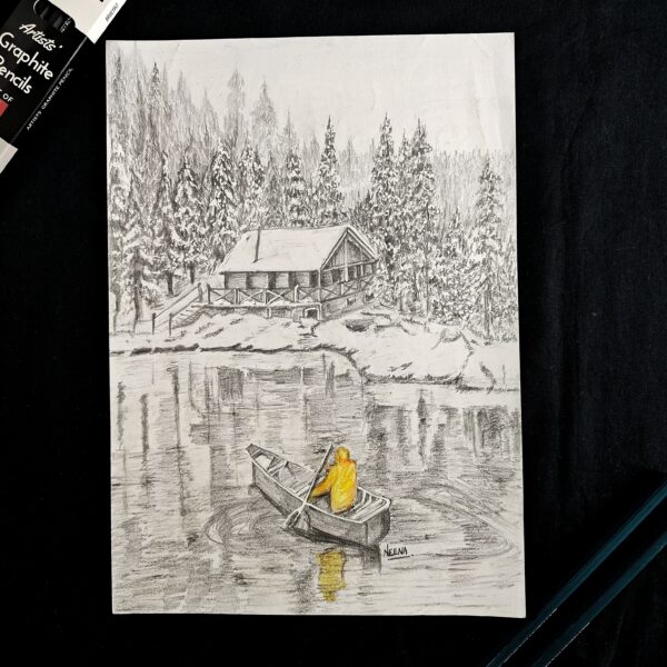 Embracing the Chill - Snow-Loving Wanderer in a Forest Lake Scene (A4 Size)