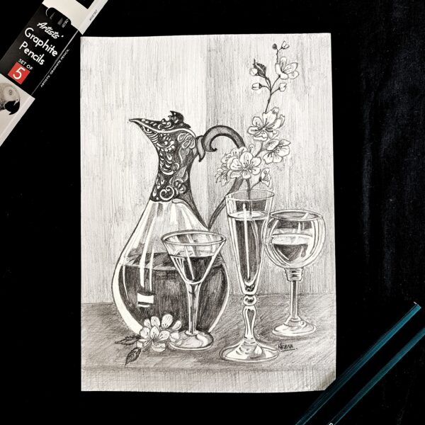 Charm of Vintage Dining - Realistic Sketch of Floral Jug & Glasses for Cafes & Dining Area (A4 Size)