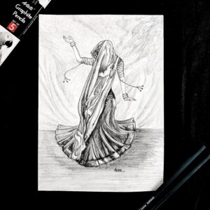 Realistic Ethnic Dance Sketch – Graceful Indian Woman in Traditional Attire Twirling (A4 Size)