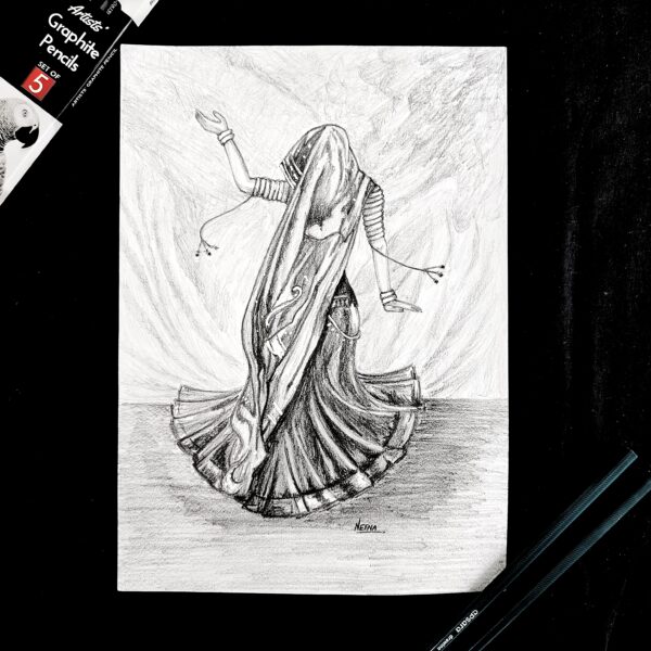 Realistic Ethnic Dance Sketch – Graceful Indian Woman in Traditional Attire Twirling (A4 Size)