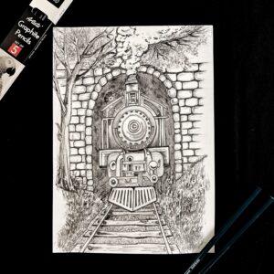 Nostalgic Train of Memories - Pencil Shaded Steam Engine Scene (A4 Size)