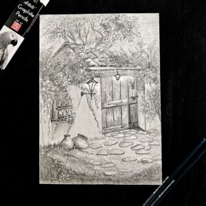Vintage Landscape Pencil Sketch – Peaceful Path & Wooden Door
