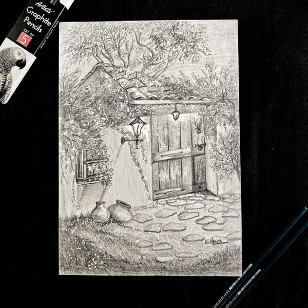 Echoes from the Courtyard - Realistic Drawing of a Vintage Wooden Door for Heritage Decor (A4 Size)