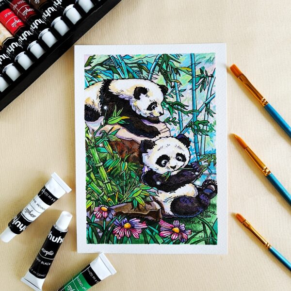 Bamboo Buddies - Adorable Twin Cute Pandas Acrylic Painting (A5 Size, without Frame)
