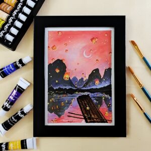 Dreamy Artistic Sky Lantern Acrylic Painting for Peaceful Vibes of Cozy Corners (A5, Framed)