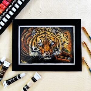 Roar of Realism - Fierce Realistic Tiger Face Acrylic Painting (A5, Framed)
