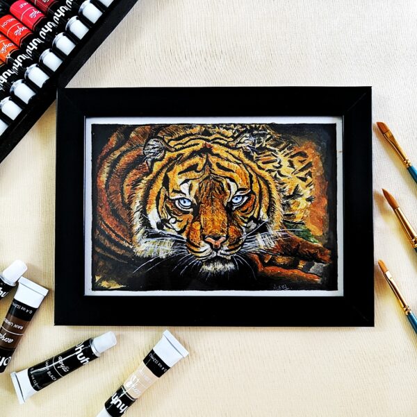 Roar of Realism - Fierce Realistic Tiger Face Acrylic Painting (A5, Framed)