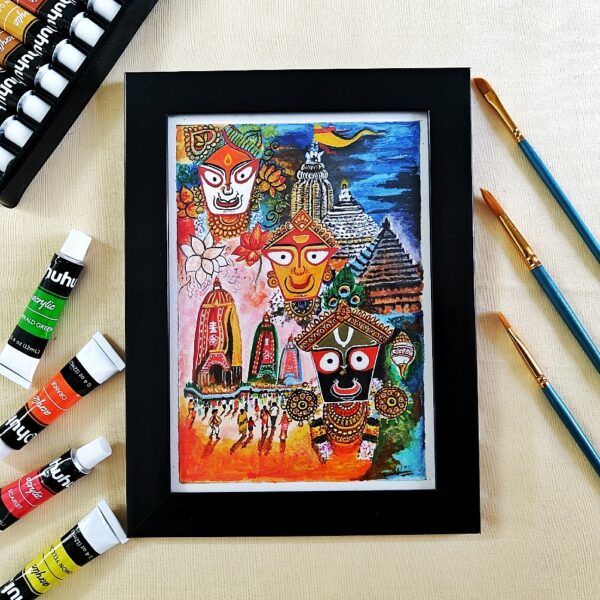 Puri's Divine Rath Yatra – Jagannath Temple Acrylic Painting (A5, Framed)