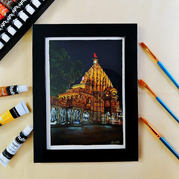 Divine Vibes of Ujjain – Handpainted Mahakaleshwar Temple Acrylic Artwork (A5, Framed)