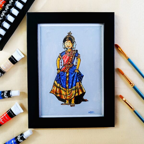 Ethnic Dressed Girl Acrylic Painting – Vibrant Art of Indian Girl in Traditional Attire (A5, Framed)