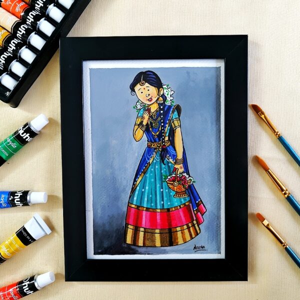 Bhartiya Nari in Ethnic Wear - Vibrant Handcrafted Painting of a Traditional Indian Woman (A5. Framed)