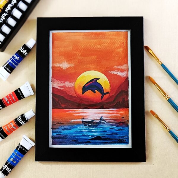 Dolphin at Dusk - Dolphin Jump in Sunset Landscape Acrylic Painting (A5, Framed)