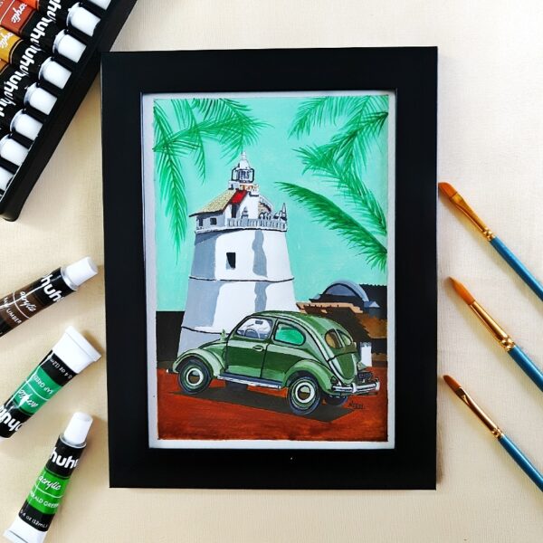 Goa Vibes – Acrylic Painting of Fort Aguada & Vintage Car (A5, Framed)