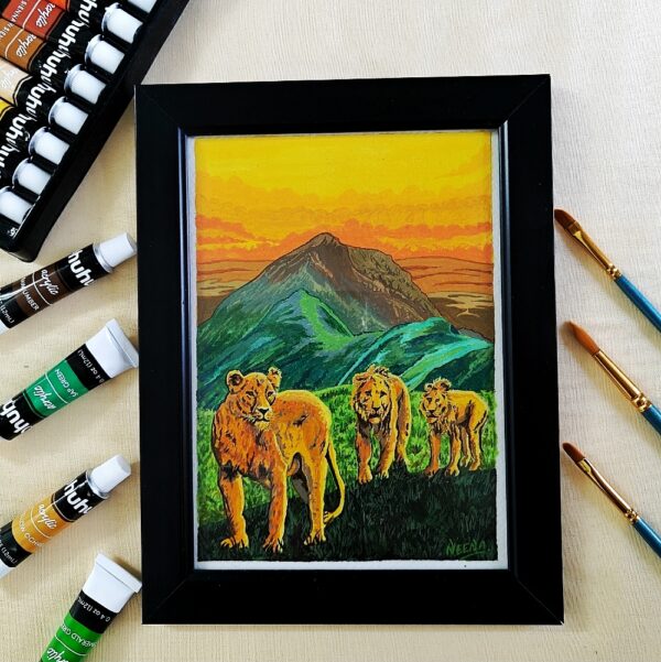 Roar of the Wild – Framed Lion Family Acrylic Painting in Sunset Landscape (A5, Framed)