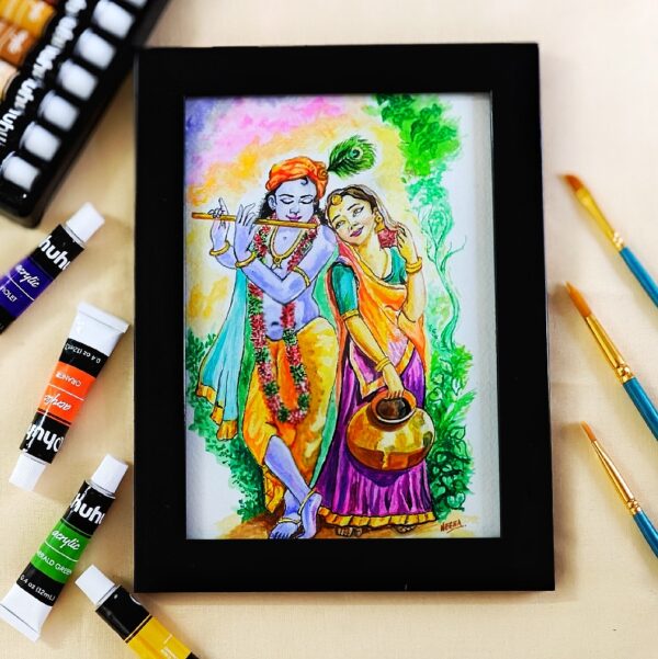 Hand-painted Radha Krishna Acrylic Painting for Spiritual Touch (A5, Framed)