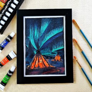 Aurora Nature's Light Show Acrylic Painting - Vibrant Northern Lights Night Camp Scene for Dreamy Wall Decor (A5, Framed)