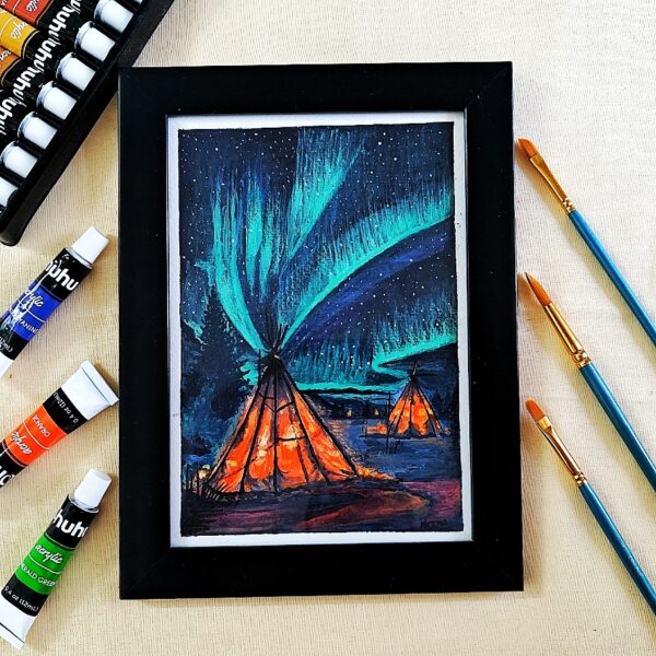 Aurora Nature's Light Show Acrylic Painting - Vibrant Northern Lights Night Camp Scene for Dreamy Wall Decor (A5, Framed)