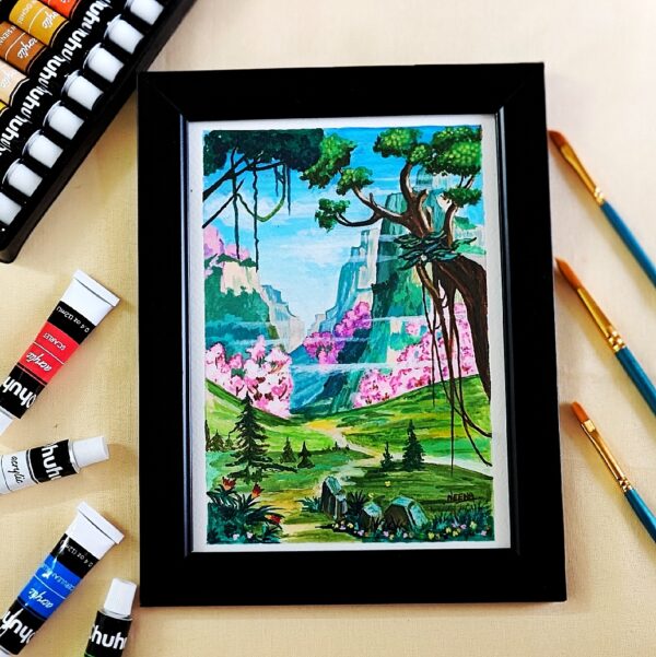 Mystical Greens & Blossoms - Hand-Painted Vibrant Springtime Acrylic Landscape (A5, Framed)