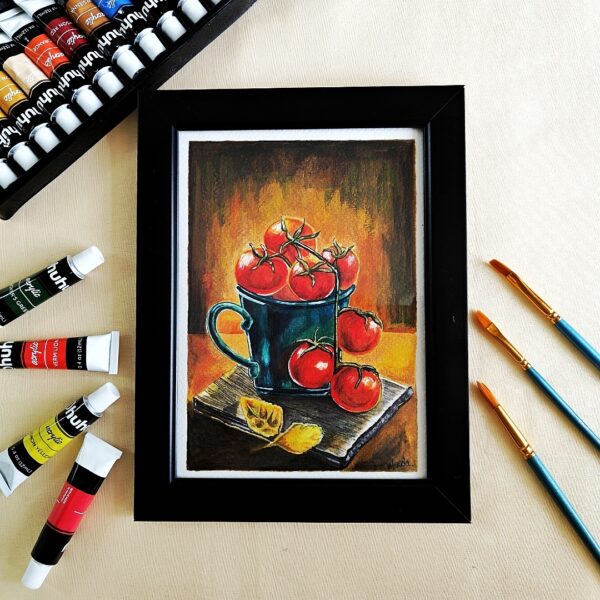 Red, Ripe & Realistic – Handmade Realistic Tomato Still Life Painting for Food-Themed Spaces (A5, Framed)