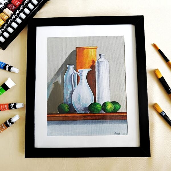 Classy & Calm – Still Life Acrylic Painting on Canvas for Modern Corners (with Black Frame along white Mount)