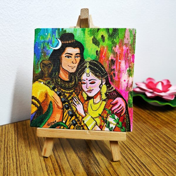 Divine Couple Portrait – Shiv Shakti Acrylic Canvas (4x4 inch with Easel Stand)