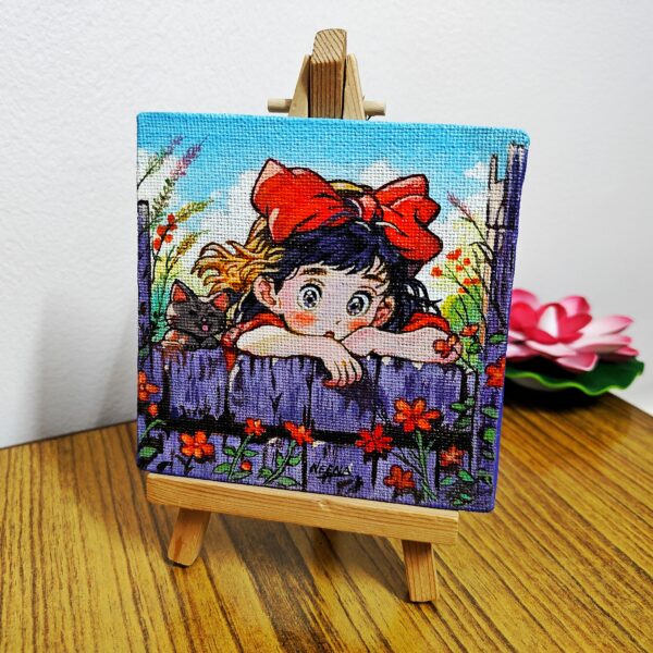 Cute Anime Girl & Cat Mini Canvas for Creative Corners (4x4 inch with Easel Stand)