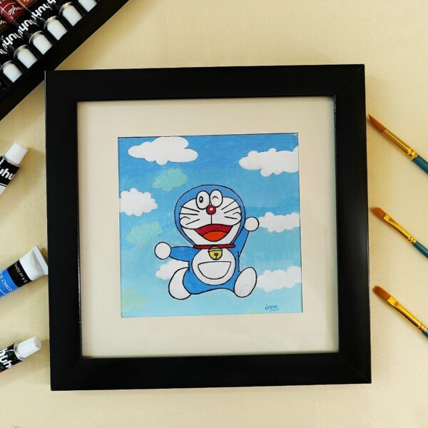 Doraemon Joy Splash – Vibrant Canvas Art of Doraemon for Kids (Mounted & Black Frame)
