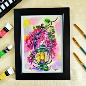 Vintage Lantern Acrylic Painting – Blooming Glow with Lantern & Flowers to Brighten Your Mood (A5, Framed)