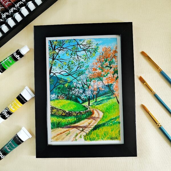 Nature's Bliss in Frame - Serene Pathway Landscape Acrylic Painting to Refresh your Mood (A5, Framed)