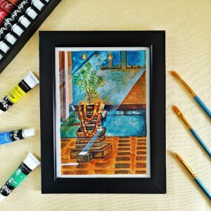Soul of a Hindu Home - Vibrant Tulsi Angan Painting in Warm Acrylic Tones (A5, Framed)