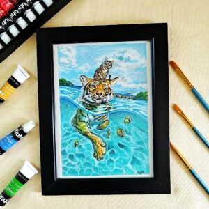 Royal Ride - Handpainted Vibrant Art of a Swimming Tiger & its Bold Little Buddy (A5, Framed)