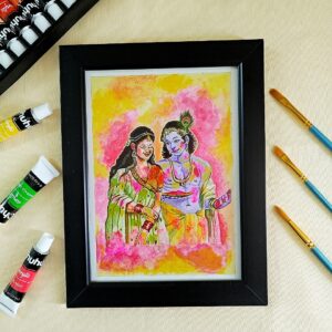 In the Colors of Love - Handpainted Radha Krishna Acrylic Art for Divine Vibes (A5, Framed)